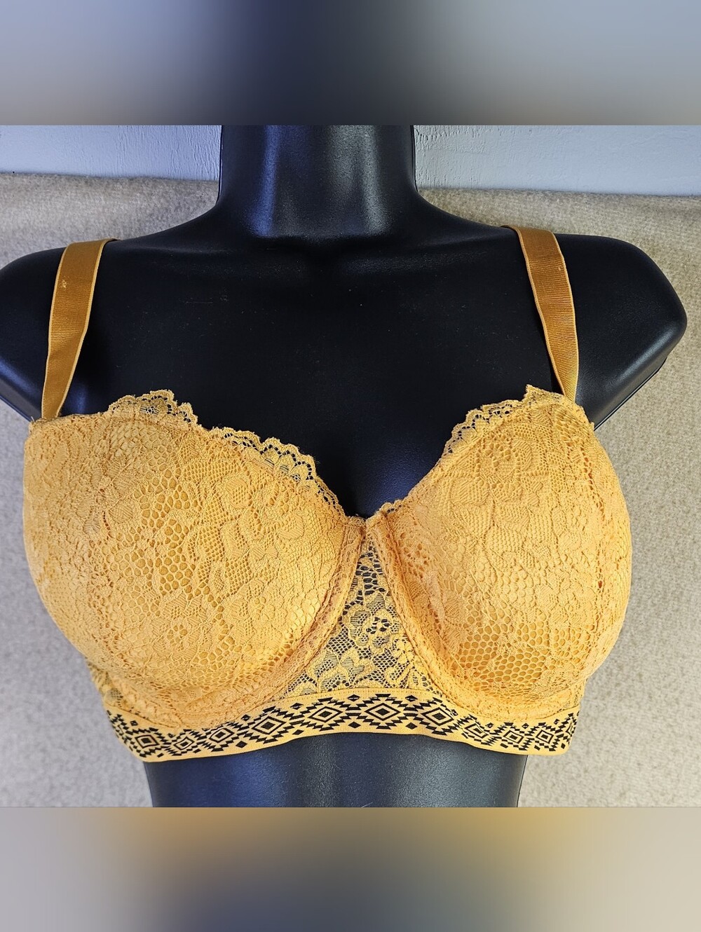 Kiss & Tell Intimates Longline Lace Bra Mustard Yellow 38D Underwire Floral